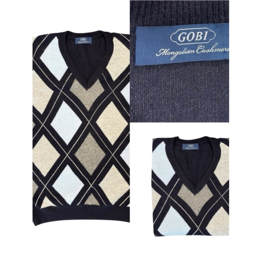 Gobi Cashmere Sweater Vest Mens S Navy Argyle V-Neck Excellent Mongolian Knit